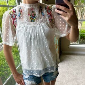 White Polkadot Mesh, high neck, embroidered floral design Blouse